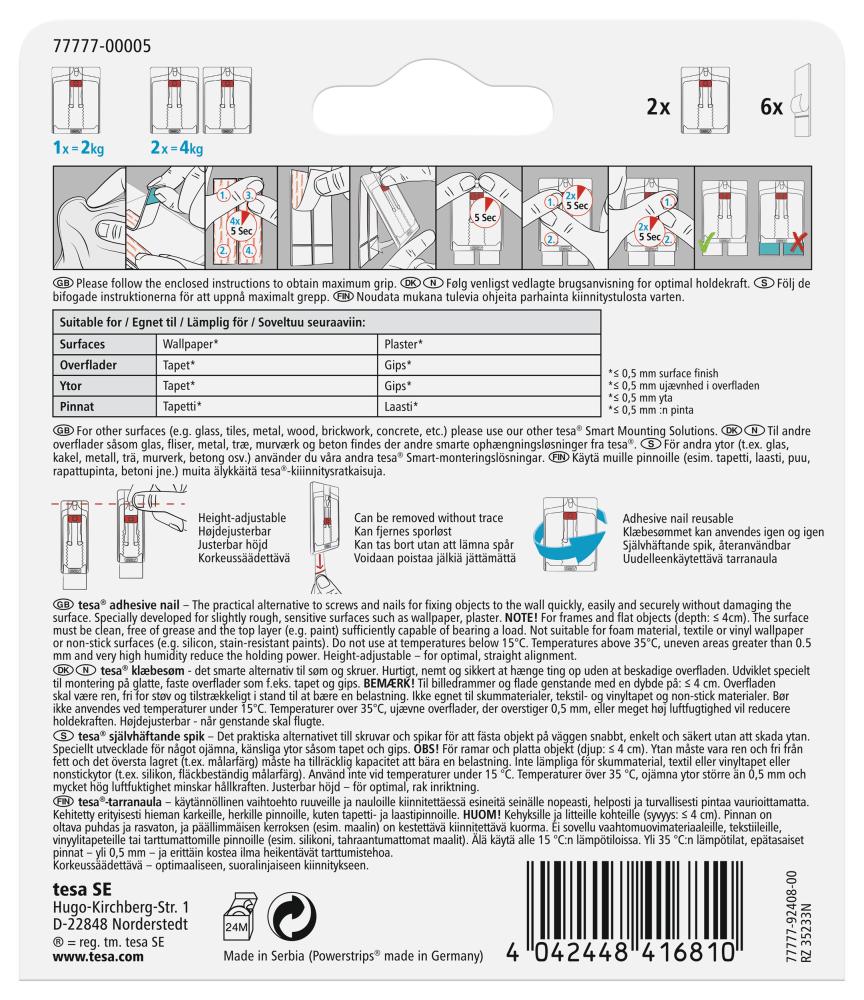 Tesa - Verstellbarer selbstklebender Nagel für alle Wandarten (max. 2x2kg)